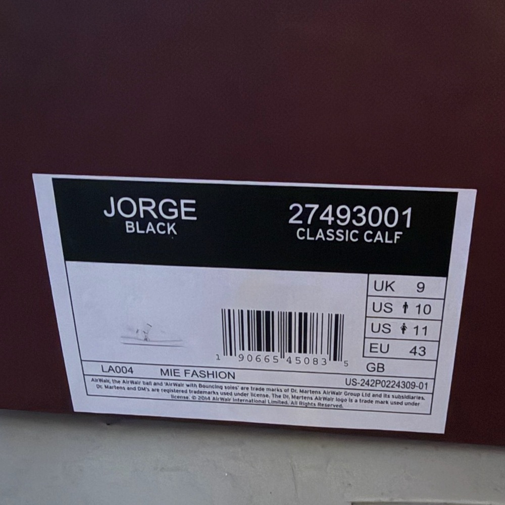 Dr. Martens Leather Jorge Black Classic Calf Men:Size 11 Women: 10 | NEW IN BOX - Picture 6 of 8
